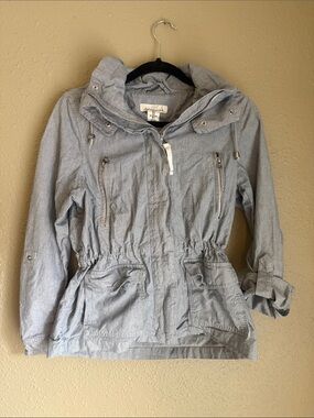 Light Blue striped Drawstring Utility Jacket with Hood
